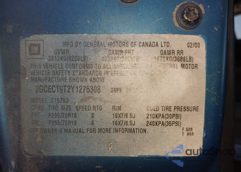 2000 Chevrolet Silverado 1500 Ls z USA, uszkodzony, nr VIN 2GCEC19T2Y1276308